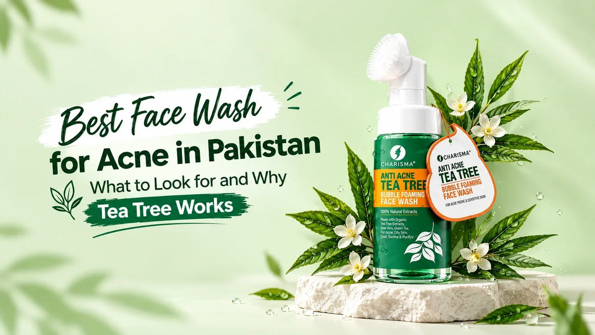 Charisma Anti Acne Tea Tree Face Wash with fresh tea tree leaves for acne-prone skin