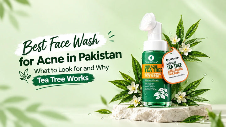 Charisma Anti Acne Tea Tree Face Wash with fresh tea tree leaves for acne-prone skin