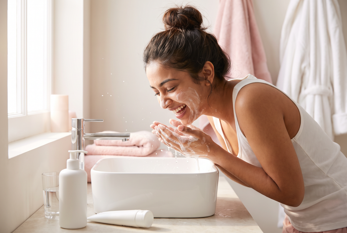 Woman washing her face with a gentle foaming cleanser