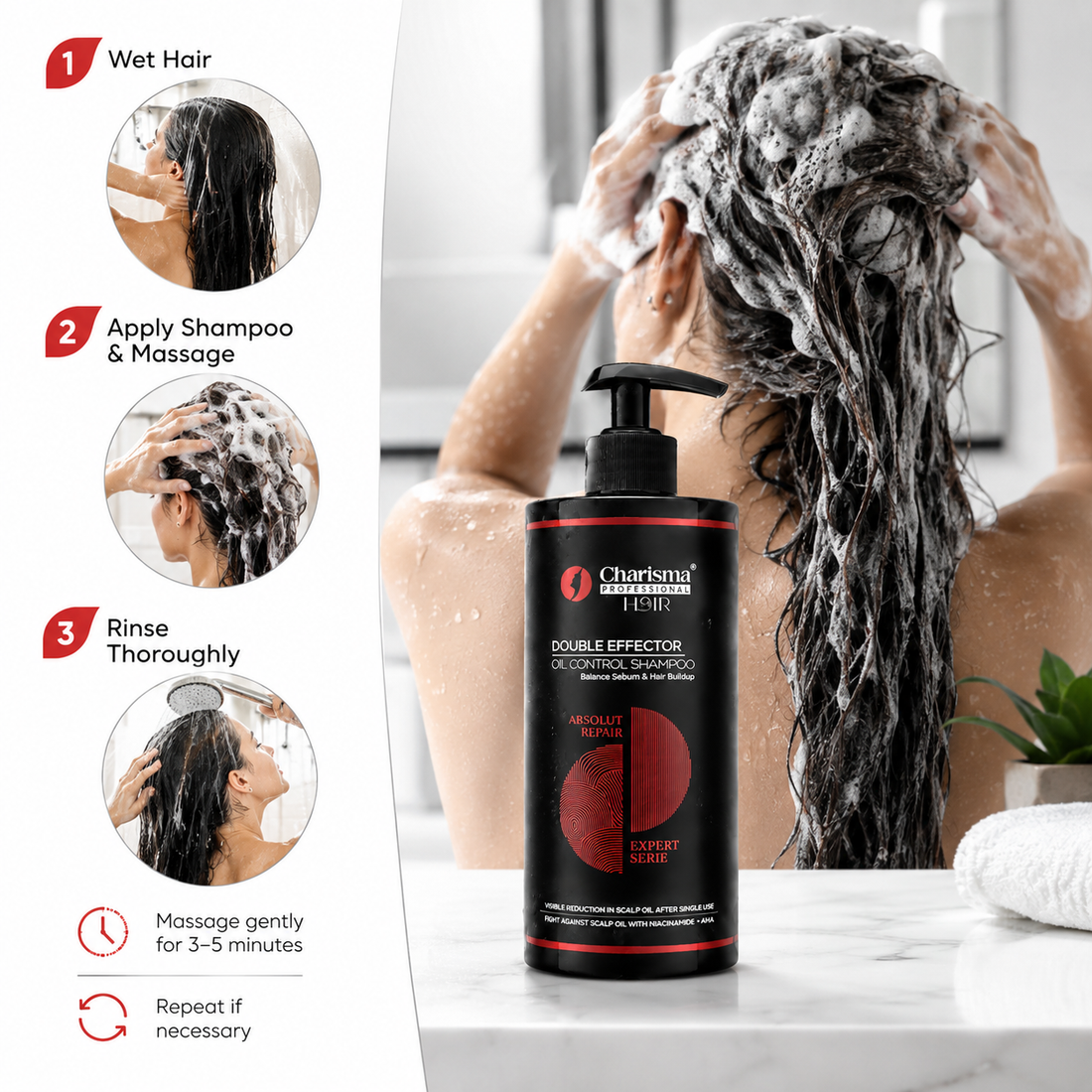 How to apply Charisma Oil Control Shampoo