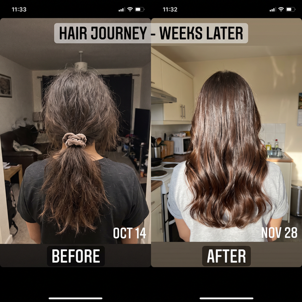 Hair care before and after – frizzy damaged hair made smooth and shiny with Charisma Strong & Shiny Hair Plan